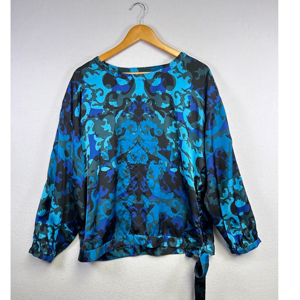 Dana Buchman Women's Blue Black Abstract Print Long Sleeve Blouse Top Size L